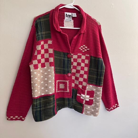 TM Sport Cardigan Sweater MEDIUM Vintage Patchwork Hand Knit Grandma Holiday Red - Picture 6 of 13
